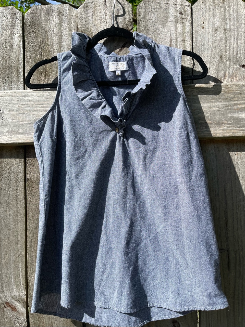 Mud Pie Chambray Ruffle Neck Sleeveless Top - Blue
